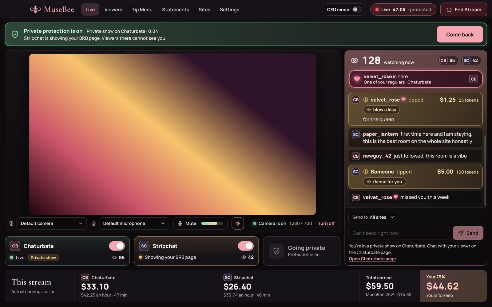 MuseBee Live screen with the green banner ‘Private protection is on’ while Stripchat shows the BRB page